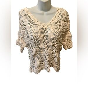 Chico’s Open Crochet Macrame Ivory SS Sweater Sz 1/M Casual Summer Pullover Top